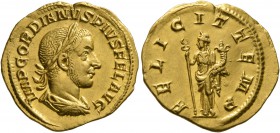 Gordian III, 238-244. Aureus (Gold, 20 mm, 3.91 g, 12 h), Rome, 243. IMP GORDIANVS PIVS FEL AVG Laureate, draped and cuirassed bust of Gordian III to ...