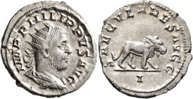 Philip I, 244-249. Antoninianus (Silver, 22 mm, 3.51 g, 1 h), Rome, 248. IMP PHILIPPVS AVG Radiate, draped and cuirassed bust of Philip I to right, se...