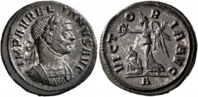Aurelian, 270-275. Denarius (Bronze, 18 mm, 3.21 g, 1 h), Rome, 275. IMP AVRELIANVS AVG Laureate and cuirassed bust of Aurelian to right. Rev. VICTORI...