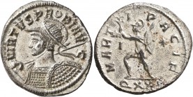 Probus, 276-282. Antoninianus (Silvered bronze, 23 mm, 3.81 g, 4 h), Ticinum, 281. VIRTVS PROBI AVG Radiate, helmeted and cuirassed bust of Probus to ...