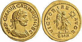 Carinus, as Caesar, 282-283. Aureus (Gold, 19 mm, 4.69 g, 11 h), Antiochia, spring 283. IMP C M AVR CARINVS NOB C Laureate and cuirassed bust of Carin...