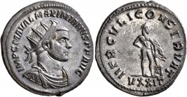 Maximianus, first reign, 286-305. Antoninianus (Silvered bronze, 22 mm, 4.27 g, 6 h), Ticinum, 285-286. IMP C M A VAL MAXIMIANVS P F AVG Radiate, drap...