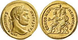 Maximianus, first reign, 286-305. Aureus (Gold, 20 mm, 5.39 g, 7 h), Cyzicus, 293. MAXIMIANVS AVGVSTVS Laureate head of Maximianus to right. Rev. CONC...