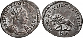 Maximianus, first reign, 286-305. Antoninianus (Silvered bronze, 22 mm, 3.68 g, 7 h), Lugdunum, January-February 293. IMP MAXIMIANVS AVG Radiate and c...