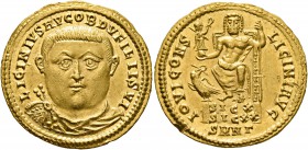Licinius I, 308-324. Aureus (Gold, 21 mm, 5.29 g, 12 h), Nicomedia, early 321. LICINIVS AVG OB D V FILII SVI Bare-headed, draped and cuirassed facing ...