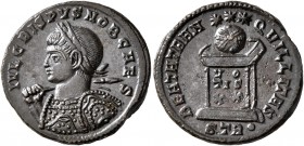 Crispus, Caesar, 316-326. Follis (Bronze, 19 mm, 3.12 g, 6 h), Treveri, 322. IVL CRISPVS NOB CAES Laureate and cuirassed bust of Crispus to left, hold...