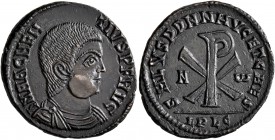 Magnentius, 350-353. Follis (Bronze, 22 mm, 4.15 g, 1 h), a contemporary imitation of a Follis from Lugdunum. D N MAGNEN-TIVS P F AVG Bare-headed, dra...