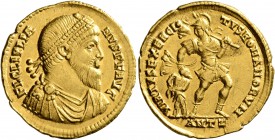 Julian II, 360-363. Solidus (Gold, 21 mm, 4.49 g, 11 h), Antiochia on the Orontes, 361-363. FL CL IVLIA-NVS P F AVG Pearl-diademed, draped and cuirass...