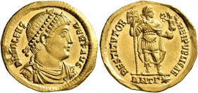Valens, 364-378. Solidus (Gold, 21 mm, 4.46 g, 6 h), Antiochia, 365. D N VALENS PER F AVG Pearl-diademed, draped and cuirassed bust of Valens to right...