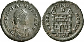 Gratian, 367-383. 'Medallion' (Bronze, 22 mm, 4.26 g, 12 h), Treveri, circa 368. D N GRATIANVS P F AVG Pearl-diademed, draped and cuirassed bust of Gr...