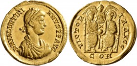 Valentinian II, 375-392. Solidus (Gold, 21 mm, 4.47 g, 12 h), uncertain mint in Northern Italy, 383. D N VALENTINI-ANVS P F AVG Pearl-diademed, draped...