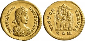 Valentinian II, 375-392. Solidus (Gold, 21 mm, 4.43 g, 6 h), uncertain mint in Northern Italy, 385. D N VALENTINI-ANVS P F AVG Rosette-diademed, drape...