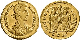Valentinian II, 375-392. Solidus (Gold, 21 mm, 4.41 g, 6 h), Treveri, 389-391. D N VALENTINI-ANVS P F AVG Pearl-diademed, draped and cuirassed bust of...