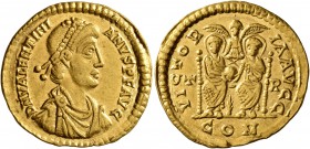 Valentinian II, 375-392. Solidus (Gold, 22 mm, 4.46 g, 1 h), Treveri, 389-391. D N VALENTINI-ANVS P F AVG Pearl-diademed, draped and cuirassed bust of...