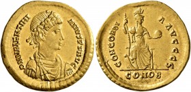 Valentinian II, 375-392. Solidus (Gold, 21 mm, 4.43 g, 1 h), Constantinopolis, 388-392. D N VALENTINI-ANVS P F AVG Rosette-diademed, draped and cuiras...