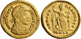 Theodosius I, 379-395. Solidus (Gold, 21 mm, 4.43 g, 7 h), Constantinopolis, 379-383. D N THEODO-SIVS P F AVG Pearl-diademed, draped and cuirassed bus...