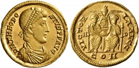 Theodosius I, 379-395. Solidus (Gold, 20 mm, 4.48 g, 7 h), uncertain mint in Northern Italy, 380-382. D N THEODO-SIVS P F AVG Pearl-diademed, draped a...