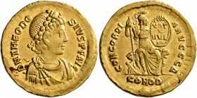 Theodosius I, 379-395. Solidus (Gold, 20 mm, 4.44 g, 12 h), Constantinopolis, 388-392. D N THEODO-SIVS P F AVG Pearl-diademed, draped and cuirassed bu...