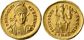 Arcadius, 383-408. Solidus (Gold, 20 mm, 4.46 g, 6 h), Constantinopolis, 397-402. D N ARCADI-VS P F AVG Pearl-diademed, helmeted and cuirassed bust of...