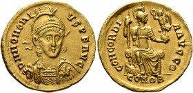 Honorius, 393-423. Solidus (Gold, 20 mm, 4.48 g, 6 h), Constantinopolis, 397-402. D N HONORI-VS P F AVG Pearl-diademed, helmeted and cuirassed bust of...