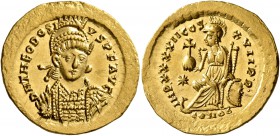 Theodosius II, 402-450. Solidus (Gold, 21 mm, 4.47 g, 6 h), Constantinopolis, 443-450. D N THEODOSI-VS•P•F•AVG Pearl-diademed, helmeted and cuirassed ...