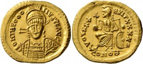 UNCERTAIN GERMANIC TRIBES, Pseudo-Imperial coinage. 5th century. Solidus (Gold, 21 mm, 4.40 g, 6 h), imitating Theodosius II, 402-450. D N THEOOO-SIVS...