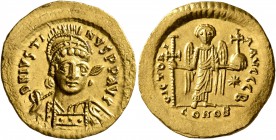 Justin I, 518-527. Solidus (Gold, 21 mm, 4.46 g, 6 h), Constantinopolis, 519-527. D N IVSTINVS P P AVG Pearl-diademed, helmeted and cuirassed bust of ...