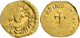 Maurice Tiberius, 582-602. Half Tremisssis or 1/6 Solidus (Gold, 13 mm, 0.75 g, 6 h), Constantinopolis. [D N TIbЄ]RI P P AVG Pearl-diademed, draped an...