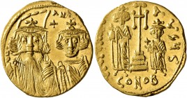Constans II, with Constantine IV, Heraclius, and Tiberius, 641-668. Solidus (Gold, 20 mm, 4.43 g, 7 h), Constantinopolis, 661-663. d N' AN Facing bust...