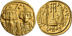 Constans II, with Constantine IV, Heraclius, and Tiberius, 641-668. Solidus (Gold, 19 mm, 4.38 g, 6 h), Constantinopolis, 661-663. d N AN Facing bust ...