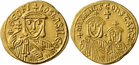 Theophilus, with Constantine and Michael II, 829-842. Solidus (Gold, 21 mm, 4.47 g, 6 h), Constantinopolis, 830/1-840. ✱ΘЄOFILOS bASILЄ Θ Facing bust ...