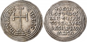 Theophilus, 829-842. Miliaresion (Silver, 28 mm, 3.03 g, 12 h), Constantinopolis, circa 830/1-838. IҺSЧS XRISTЧS ҺICA Cross potent set on three steps....