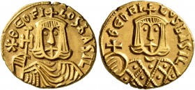 Theophilus, 829-842. Solidus (Gold, 16 mm, 3.85 g, 5 h), Syracuse, 829-830/1. ✱ΘЄΟFΙLΟS bΑSΙL Crowned and draped bust of Theophilus facing, holding cr...