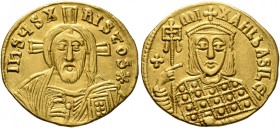 Michael III "the Drunkard", 842-867. Solidus (Gold, 20 mm, 4.44 g, 6 h), Constantinopolis, 856-867. IҺSЧS XRISTOS✱ Half-length bust of Christ Pantokra...