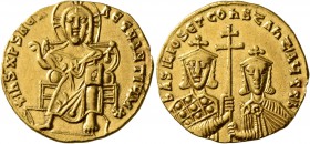 Basil I the Macedonian, with Constantine, 867-886. Solidus (Gold, 20 mm, 4.42 g, 6 h), Constantinopolis, 868-879. +IhS XPS RЄX RЄςNANTIЧM✱ Christ, nim...