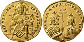 Constantine VII Porphyrogenitus, with Romanus I and Christopher, 913-959. Solidus (Gold, 20 mm, 4.46 g, 6 h), Constantinopolis, circa 924-931. +IҺS XP...