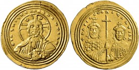 Basil II Bulgaroktonos, with Constantine VIII, 976-1025. Histamenon (Gold, 26 mm, 4.42 g, 7 h), Constantinopolis, circa 1005-1025. +IҺS XIS RЄX RЄςNAN...