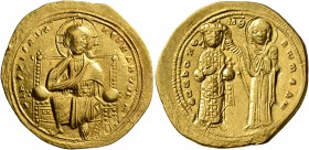 Romanus III Argyrus, 1028-1034. Histamenon (Gold, 25 mm, 4.39 g, 7 h), Constantinopolis. +IҺS XIS RЄX RЄςNANTIҺm Christ, nimbate, seated facing on squ...