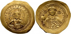 Constantine IX Monomachus, 1042-1055. Histamenon (Gold, 27 mm, 4.38 g, 6 h), Constantinopolis, 1054-1055. +IhS XIS RЄX RЄςNANTIҺm Nimbate bust of Chri...