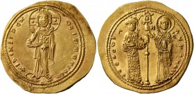 Theodora, 1055-1056. Histamenon (Gold, 23 mm, 4.41 g, 7 h), Constantinopolis. +IhS XIS RЄX RЄGNANTIhm Christ, nimbate, standing facing on footstool, w...