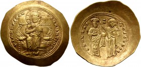 Constantine X Ducas, 1059-1067. Histamenon (Gold, 26 mm, 4.42 g, 6 h), Constantinopolis. +IhS XIS RЄX RЄςNANTIhm Christ, nimbate, seated facing on lyr...