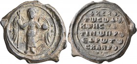 Byzantine Seals. Seal (Lead, 31 mm, 20.91 g, 12 h), Konstantinos Skleros, proedros, 2nd half of 11th century. [M]/I-X/A St. Michael standing facing, h...