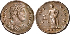 Julian II, 360-363. Exagium Solidi (Bronze, 19 mm, 4.34 g, 5 h), Antiochia on the Orontes, spring 363. FL CL IVLI-ANVS P F AVG Diademed, draped and cu...