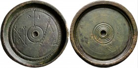Byzantine Weights, Circa 5th-7th centuries. Weight of 4 Nomismata (Orichalcum, 28 mm, 17.38 g), a discoid coin weight with centering holes, raised rim...