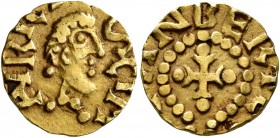 MEROVINGIANS. St. Maurice-d'Agaume. Tremissis (Gold, 12 mm, 1.11 g, 12 h), clerical issue, Bertemindus, moneyer, circa 640-660. SCI M- AV RICI Male he...