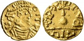 MEROVINGIANS. Uncertain. Tremissis (Gold, 12 mm, 1.27 g, 6 h), Guntio, moneyer, 'Batenegaria' mint, circa 580-640. ҺU-NTIO Pearl-diademed and draped m...