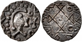 MEROVINGIANS. Rouen. Circa 700-725. Denier (Silver, 14 mm, 1.18 g), 'au buste et croix grecque'. Stylized male head to right, the hair devolved into a...