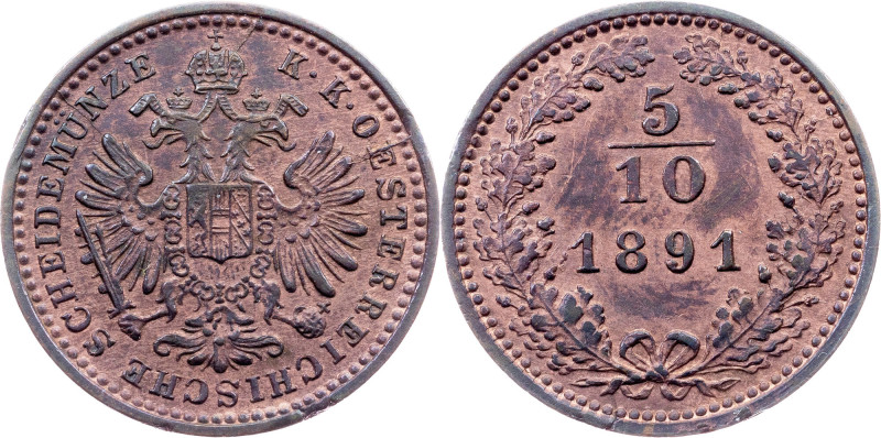 Franz Joseph I., 5/10 Kreuzer 1891, Vienna Category : Habsburg
Ruler/Area : Fra...