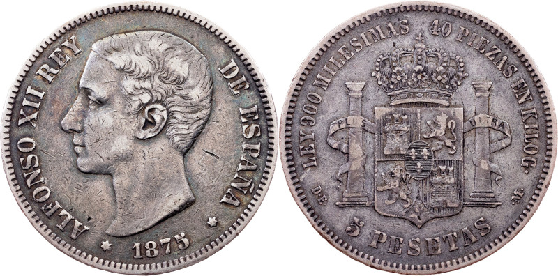 Spain, 5 Pesetas 1875, DEM, Madrid Category : Spain
Country/Region : Spain
Rul...