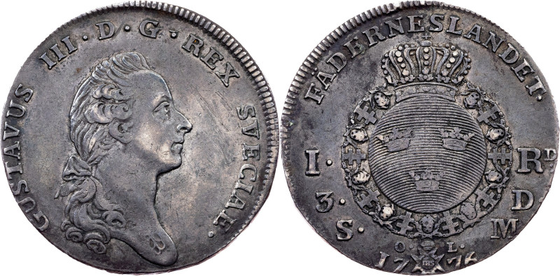Sweden, 1 Riksdaler / 3 Daler Silvermynt 1776, Stockholm Category : Sweden
Coun...